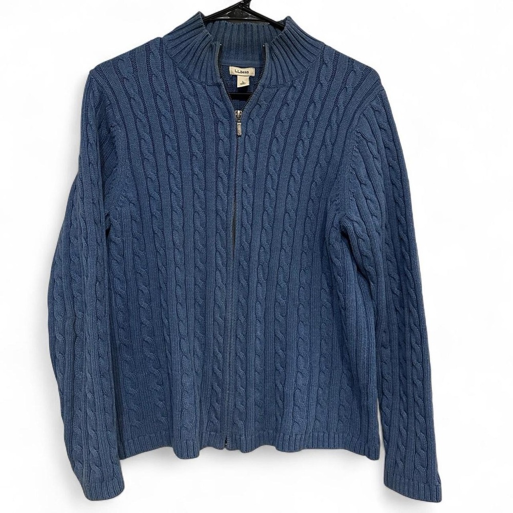 Vintage L.L. Bean Cable Knit Sweater Blue Zip-Up Large